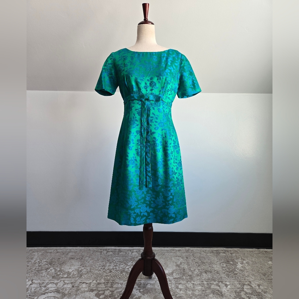 1950s Jacquard Floral Blue Dress